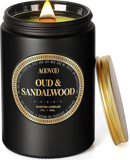 AOOVOO Scented Candles for Men - Large 22oz 120 Hours of Burn Time, Oud & Sandalwood Candles for Home Scented | Crackling Wood Wick Soy Candle | Strong Fragranced Black Candle Gift for Women & Men