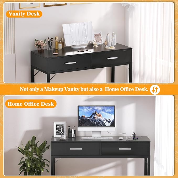 Cyclysio Vanity Desk with Mirror and Lights, 36'' Makeup Vanity Desk with Power Outlet, Small Vanities Set Dressing Table with Drawers for Bedroom, Black