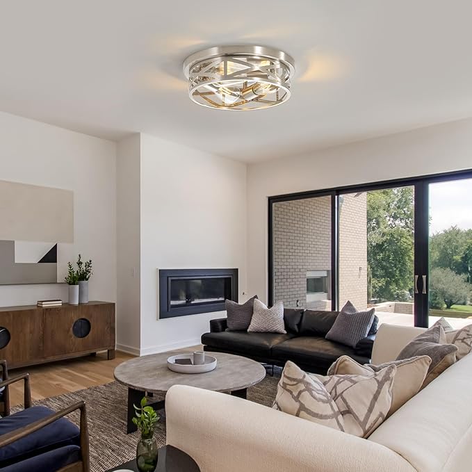 2 Pack Close to Ceiling Light Fixtures, 3-Lights Brushed Nickel Flush Mount Ceiling Light, 13 Inch Indoor Metal Cage Semi Flush Mount Ceiling Light for House Bedroom Laundry Hallway Kitchen