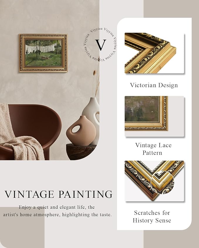 VIYYIEA Gold Framed Wall Art, Drying White Clothes Canvas Print Home Decor Vintage Art Painting Picture Bathroom Wall Decor, Oil Artwork for Living Room Bedroom Kitchen Office - 10L x 8W