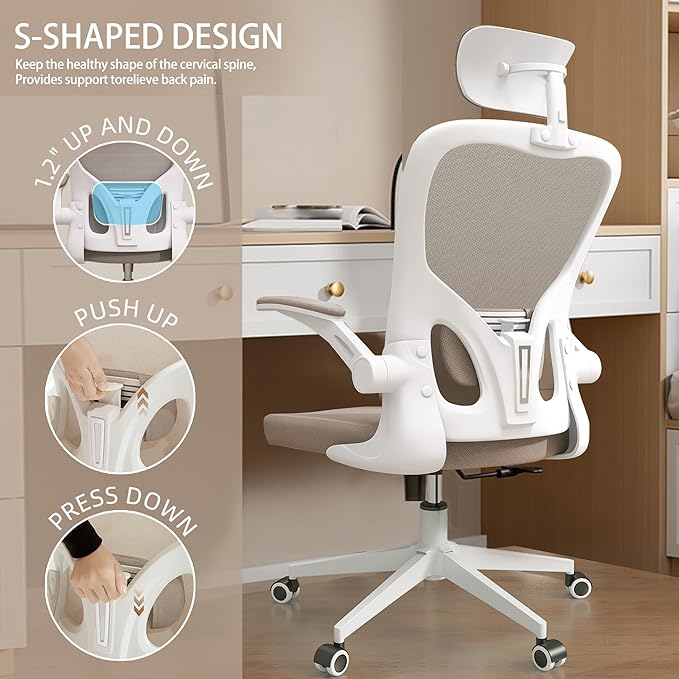 Ergonomic Office Chair, High Back Desk Chair with 2D Headrest, Mesh Office Chair with Flip-Up Arms, Up&Down Lumbar Support, 90-135° Tilt Lock Big and Tall Computer Desk Chairs for Office Home