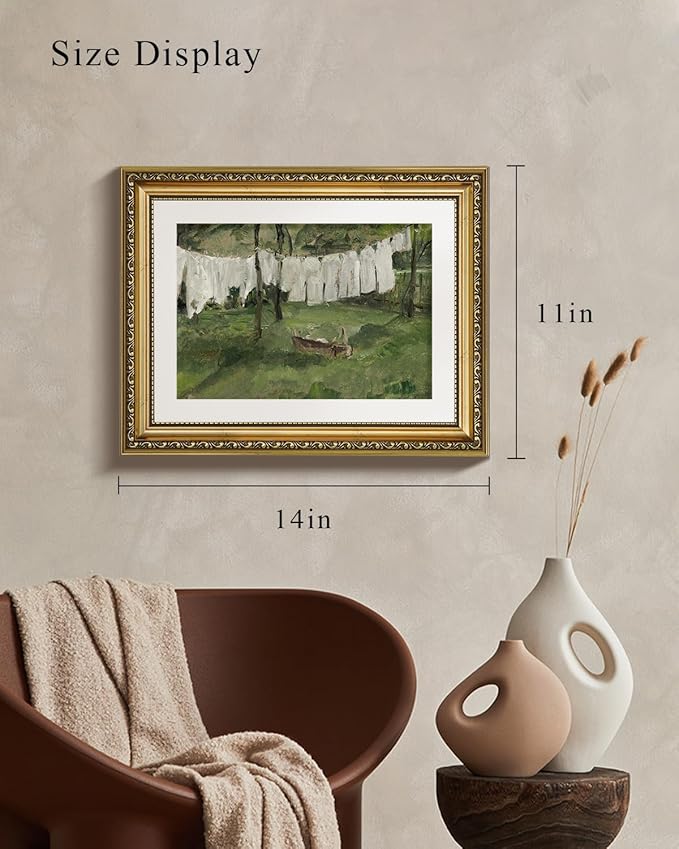 VIYYIEA Gold Framed Wall Art Canvas Print Home Decor Vintage Laundry Room Art Prints Antique Country Oil Painting Green Landscape Wall Decor Bathroom Art Wall Pictures for Living Room Bedroom 11x14in