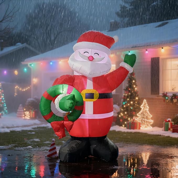 Giant Inflatable Santa Claus Christmas Decoration, 8Ft LED Lighted Outdoor Holiday Decor with Wreath, Fast Self-Inflating, Yard Lawn Garden Display