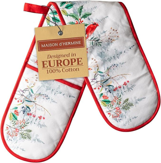 Maison d' Hermine Double Oven Mitt (7" x 35") 100% Cotton Heat Resistant BBQ Cooking Gloves with Loop for Thanksgiving Christmas Decorations Baking Cooking Barbeque Handling Hot Pan (Morzine)