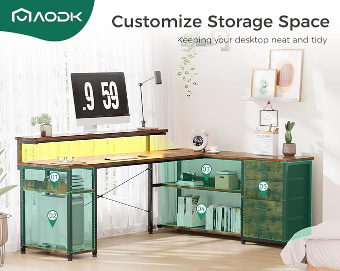 AODK 69" L Shaped Desk with Drawer, Computer Desk with Power Outlets & LED Lights, Reversible Corner Gaming Desks for Home Office Workstation, Office Table with Monitor Shelf, Vintage