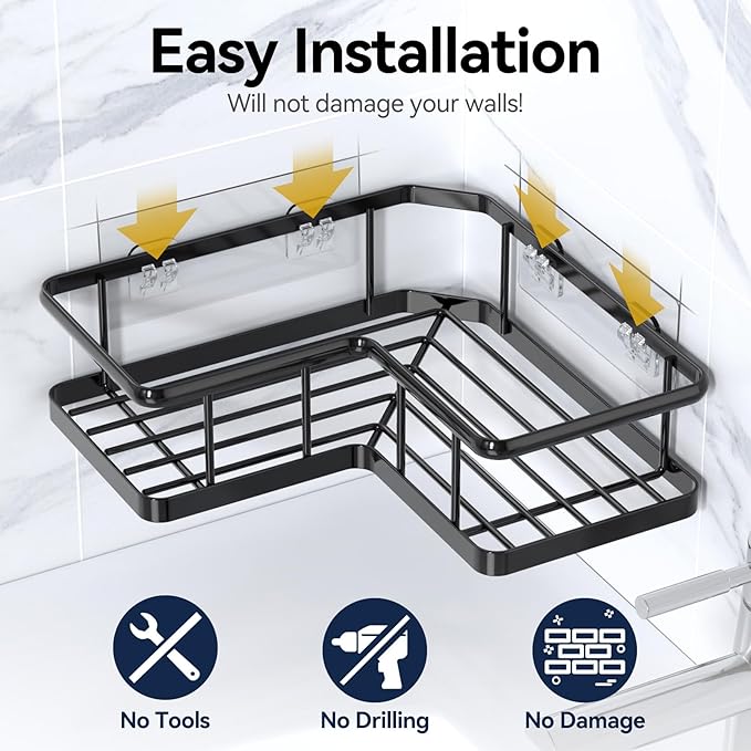 YASONIC Corner Shower Caddy Organizer, 3-Pack Adhesive Rustproof Stainless Steel Shower Shelves with Soap Holder, No Drilling Shower Storage Rack for Family Renters Bathroom, Black