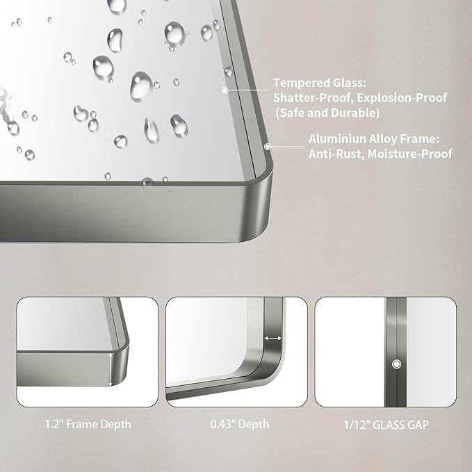 LOAAO 40X36 Inch Brushed Nickel Bathroom Mirror, Rounded Rectangle Silver Metal Frame Mirror, Brushed Nickel, Anti-Rust, Shatter Proof, Hangs Horizontally or Vertically