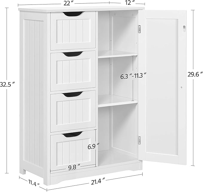 Yaheetech Wooden Floor Cabinet, Side Storage Organizer with 4 Drawers and 1 Cupboard, Freestanding Entryway Storage Unit Console Table, Bathroom Furniture Home Decor, White