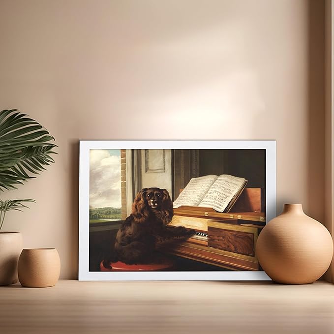 Poster Master Vintage Portrait of an Extraordinary Musical Dog Poster - Retro Dog Print - Puppy Art - Music Art - Piano Art - Animal Lover Art - Living Room or Office Decor, 16x20 White Framed