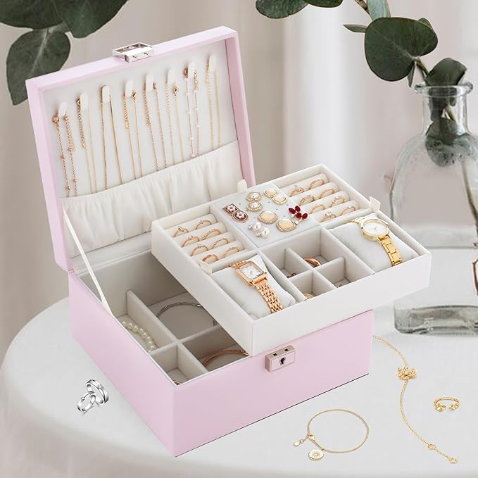 Jewelry Organizer Box for Girls Women,Large Genuine Leather Jewelry Organizers and Storage with Earring Holder Organizer Removable Velvet Jewelry Tray,Christmas Gifts Jewelry Box for Girls 8-12,Pink