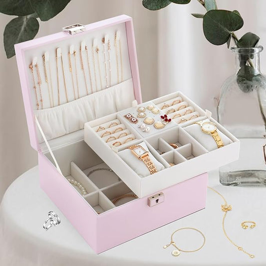 Jewelry Organizer Box for Girls Women,Large Genuine Leather Jewelry Organizers and Storage with Earring Holder Organizer Removable Velvet Jewelry Tray,Christmas Gifts Jewelry Box for Girls 8-12,Pink