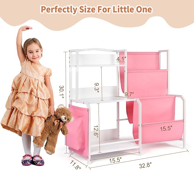 Kids Bookshelf and Toy Organizer, 3 Tier Girls Pink Bookshelf for Kids, Nursery Book Shelves, Toddler Book Shelf, Kids Book Shelf for Kid Room, White/Pink