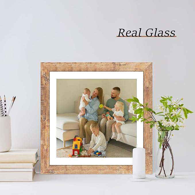 12x12 Picture Frame Set of 4 with Tempered Glass, Rustic Brown Frame Display 10x10 Pictures with Mat or 12 x 12 Without Mat, Wood Square Photo Frames for Desktop Display and Wall Mounting
