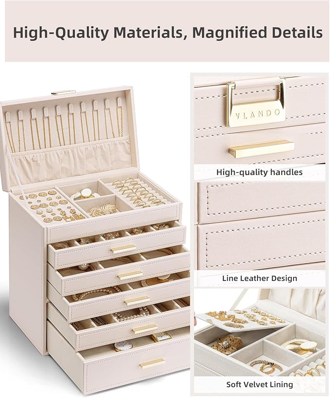 Vlando 6 Layer Large Jewelry Box - Jewelry Holder Organizer, Jewelry Box Organizer for Drawer Necklace Ring Bracelet and Watch, Birthday Gift for Loved Ones - Pink
