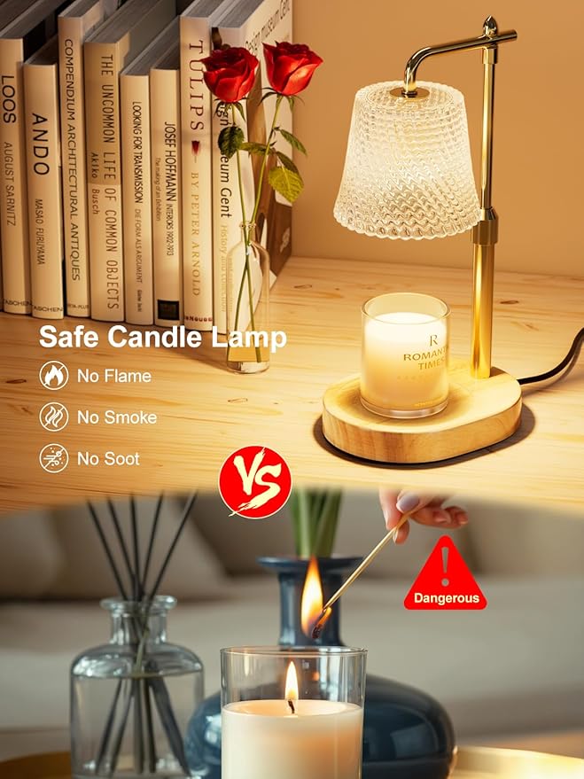 Candle Warmer Lamp with Timer Dimmable - Height Adjustable Candle Warmer for Jar Candles - Birthday Gifts for Women Mom - House Warming Gifts New Home Decor (Wood Base Clear Shade)