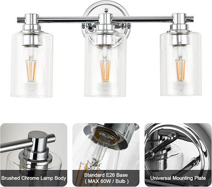 Bathroom Light Fixtures Wall Sconce Light with Clear Glass Chrome 3 Lights Bathroom Lighting Over Mirror Vanity Lights for Living Room,Bedroom,Restroom,Hallway E26 Base