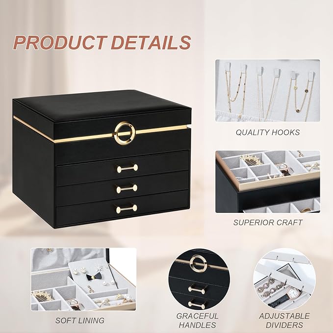 Jewelry Box，4-Layer Large Jewelry Organizers for Women with 3 Drawers,Storage Modern Style Jewelry Boxes Storage of Earrings Rings Bracelets Necklace（Black）