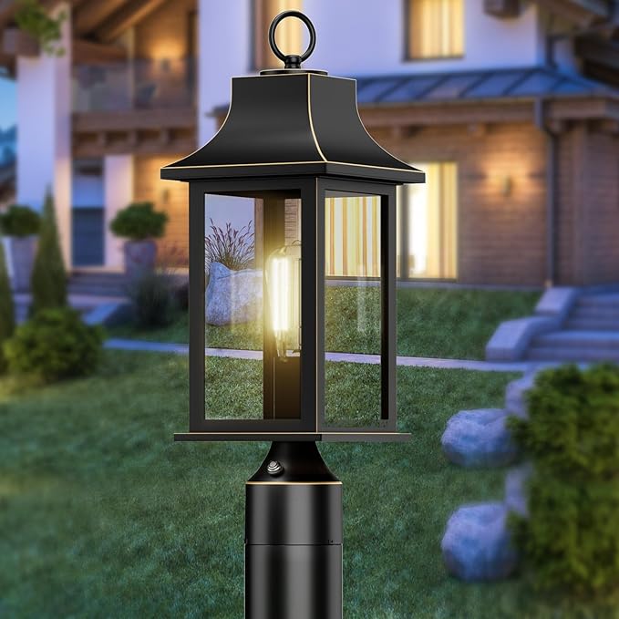 Dusk to Dawn Hardwired 120V Outdoor Post Light, 19.29" Oil Rubbed Bronze Lamp Post Fixture with Pier Mount Base, Waterproof Aluminum Pole Light for Yard, Patio, Garden, Driveway, Pathway