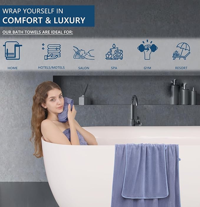 18 Piece Bath Towels Set,Soft Family Bathroom Towel Set with Hanging Loops-6 Bath Towels,6 Hand Towels,6 Washcloths,Highly Absorbent Quick Dry Shower Towel for Bathroom,Hotel,Spa-Wedgewood Towel Set