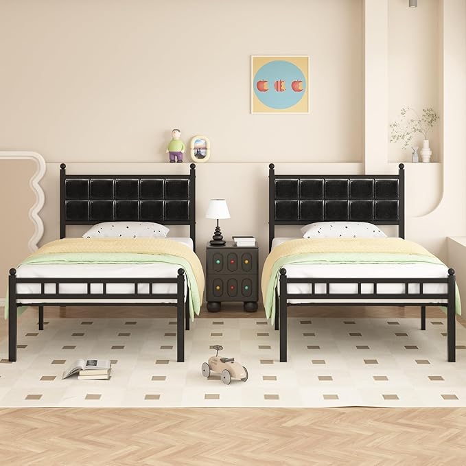 VECELO 2 Set Bed Frame Twin Size, Faux PU Leather Platform Beds with Upholstered Headboard and Footboard, Strong Slats Support, 12" Underbed Storage, Noise-Free, No Boxing Spring Needed, PU Black