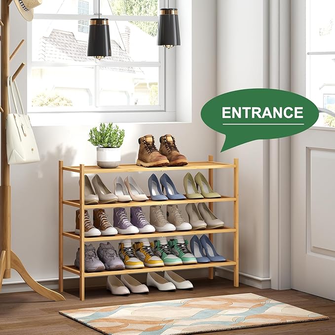 Long Shoe Rack, 4-Tier Bamboo Wood Shoe Rack, Stackable for Closet, Entryway & Hallway