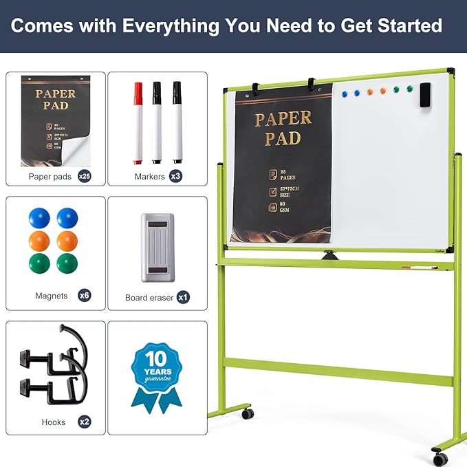 Rolling Whiteboard, 48x32 Inches Mobile Whiteboard on Wheels, Magnetic Dry Erase Board with Stand, Standing White Board for Office, School, Home, Large Double Sided White Board with Paper Pad