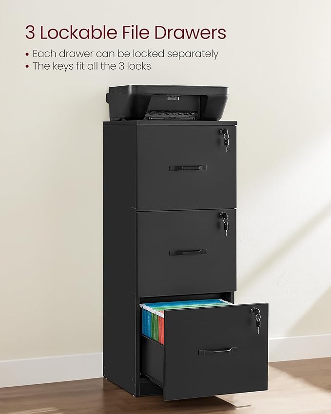 VASAGLE 3 Drawer File Cabinet, File Cabinet with Lock, Printer Stand, Office Filing Cabinet Organizer, for A4 and Letter Size Files, Ink Black UOFC055B16