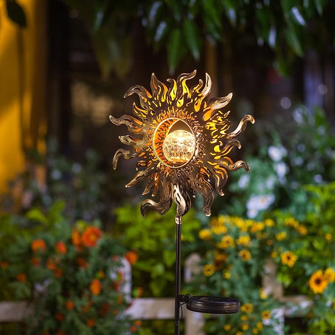 Solar Lights Outdoor Garden Decor Solar Powered Sun Lantern for Yard, Patio,Lawn or Pathway Sun Decorations Crackle Glass Globe Stake Metal Lights Waterproof Warm LED Garden Pathway