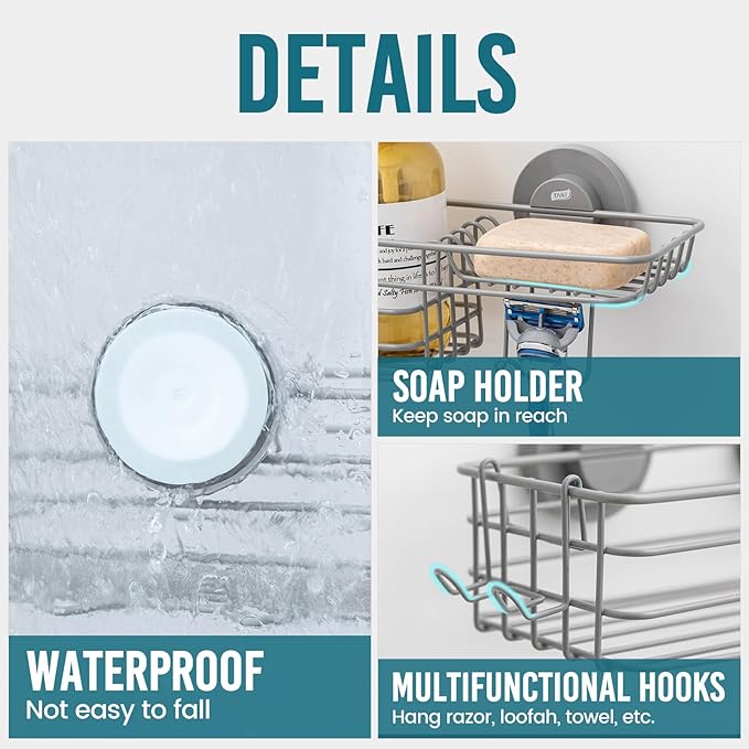 TAILI Shower Caddy Suction Cup with Hooks & Soap holder, Heavy Duty Bathroom Shower Organizer, No Drilling Shower Shelves for Inside bathroom, Metal Black Storage Basket-Grey