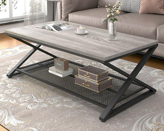 LVB Gray Coffee Table, Farmhouse Wood Metal Center Table with Storage for Living Room, Industrial Wooden 2 Tier Rectangle Cocktail Tea Table with Mesh Shelf for Office Bedroom, 47 inch, Light Grey Oak