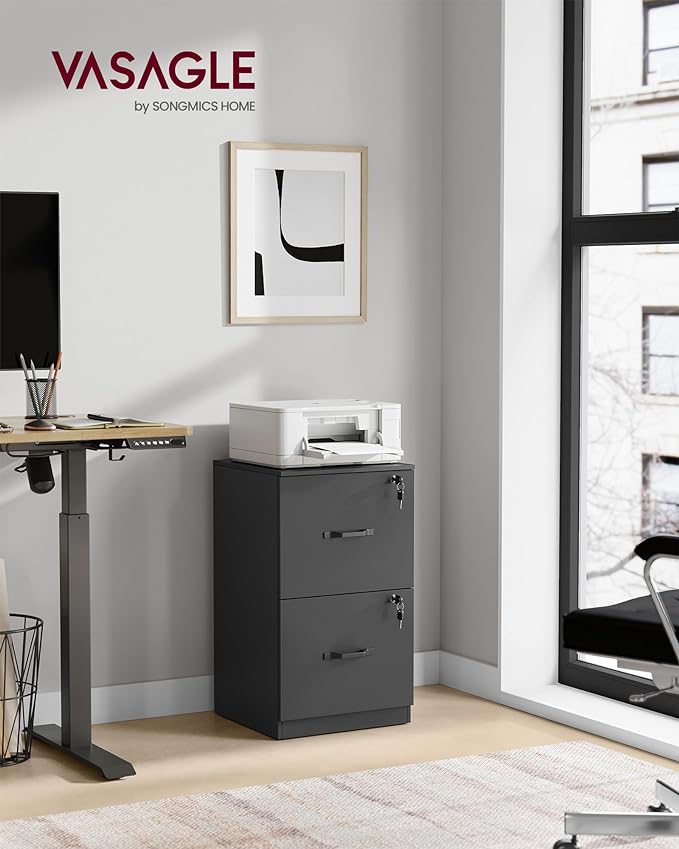 VASAGLE 2 Drawers File Cabinet with Lock, Printer Stand, Office Filing Cabinet Organizer, for A4 and Letter Size Documents, Ink Black UOFC061B16