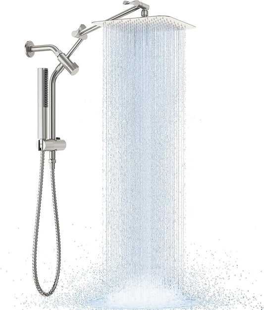 Veken 10" Luxurious Brushed Nickel All Metal Rain Shower Head with Handheld Spray Combo, High Pressure Rainfall Square Shower Heads with Extension Arm, Wide Dual Showerhead, Bathroom Accessories