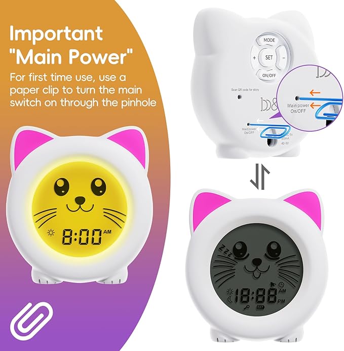 B&H Sleep Trainer Clock for Toddler - Ok to Wake Clock, USB Rechargeable Cat Kids Alarm Clock, Drop Proof, Night Light, Science-Backed Lighting for Peaceful Sleep and Ready to Rise Mornings - Kitty