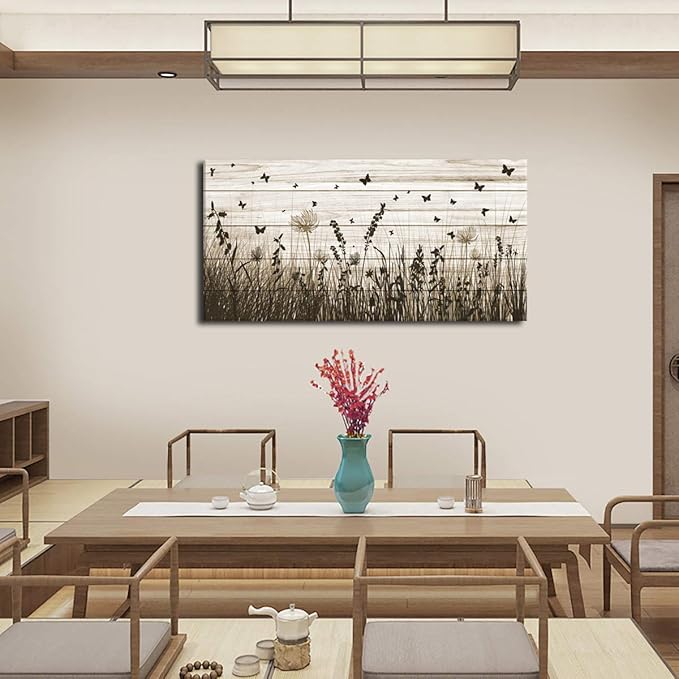 Wildflower Wall Art Autumn Canvas Picture Butterfly Grass Dandelion Artwork Vintage Wooden Board Painting Prints for Bedroom Living Room Office Home Kitchen Wall Decor Framed Ready to Hang 20" x 40"
