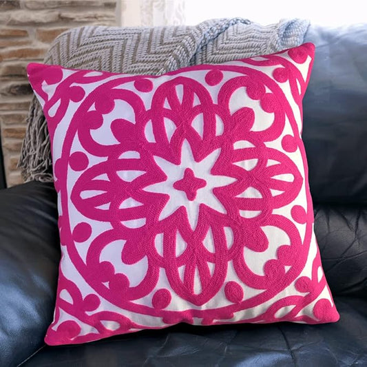 Alysheer Embroidered Decorative Throw Pillow Cover 20"x 20", Boho Mandala Modern Thick Embroidery Pattern, Durable Cotton Canvas Soft Cushion Case for Sofa Couch Bed Living Room (Bright Hot Pink)