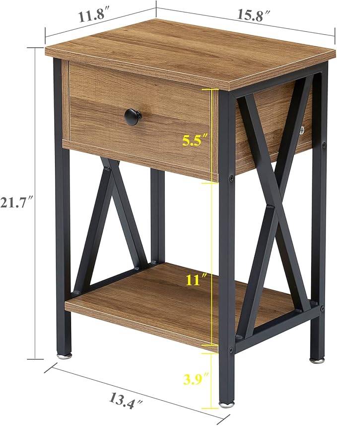 VECELO Nightstand,Modern Bedside End Table, Night Stand with Drawer and Storage Shelf for Living Room Bedroom, Industrial Metal Frame