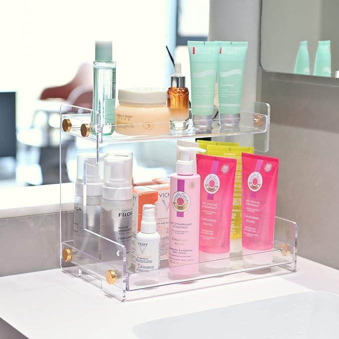 FFK Bathroom Organizer Countertop 2-Tier Storage：Bathroom Counter Organizer Acrylic Standing Holder Cosmetic Storage Perfume Shelf for Bathroom Bedroom Dressing Table1