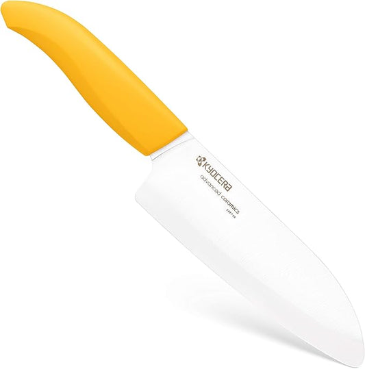 Kyocera’s Revolution Series 5.5” Ceramic Santoku Knife, Chef Knife For Your Cooking Needs, Yellow Handle, White Blade