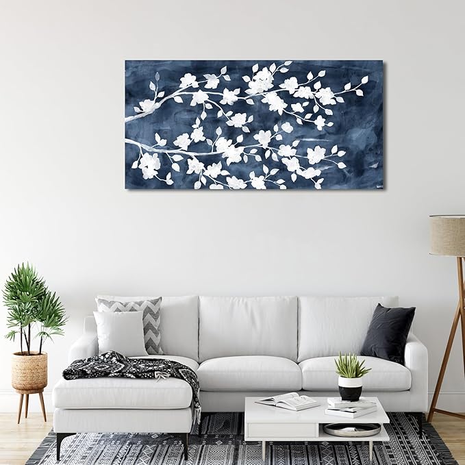NINEASO Abstract Flowers Canvas Wall Art - Gray White Tree Floral Branches Pictures Wall Decor White Blossom Deep Indigo Blue Background Painting Artwork for Living Room Bedroom Home Decor 24" x 48"