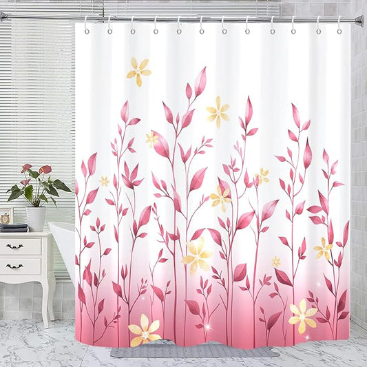 Eucalyptus Shower Curtain, Ombre Floral Leaves Plant Washable Fabric Bath Decor with 12 Hooks 72x72 inches, Pink