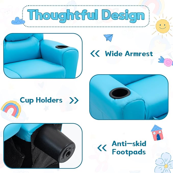 AVAWING Toddler Recliner, Double Children Couch with Cup Holder, PU Leather Kids Sofa, Kids Loveseat w/Adjustable Footrest & Headrest for Boys and Girls 3+ Age Group, Blue