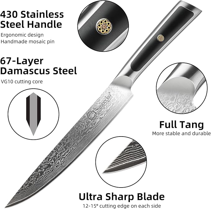 Sunnecko Damascus Kitchen Knife 8 Inch Carving Knife for Meat Slicing Knife Japanese VG10 Steel,Full Tang