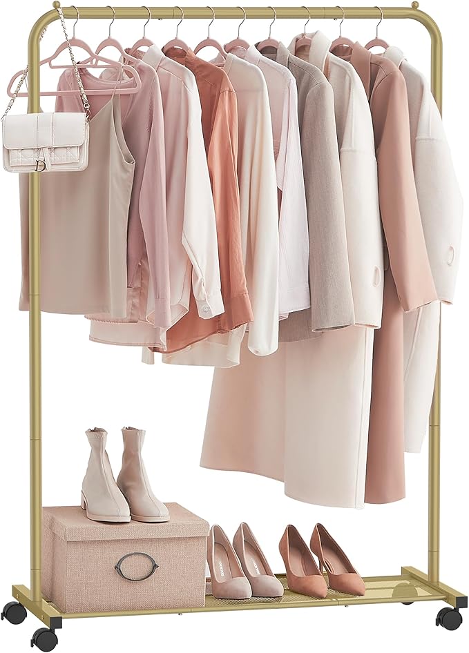 SONGMICS Clothes Rack with Wheels, Clothing Rack for Hanging Clothes, 25.4 mm Metal Garment Rack with Dense Mesh Storage Shelf, 110 lb Load Capacity, 2 Brakes, Gold UHSR025A01