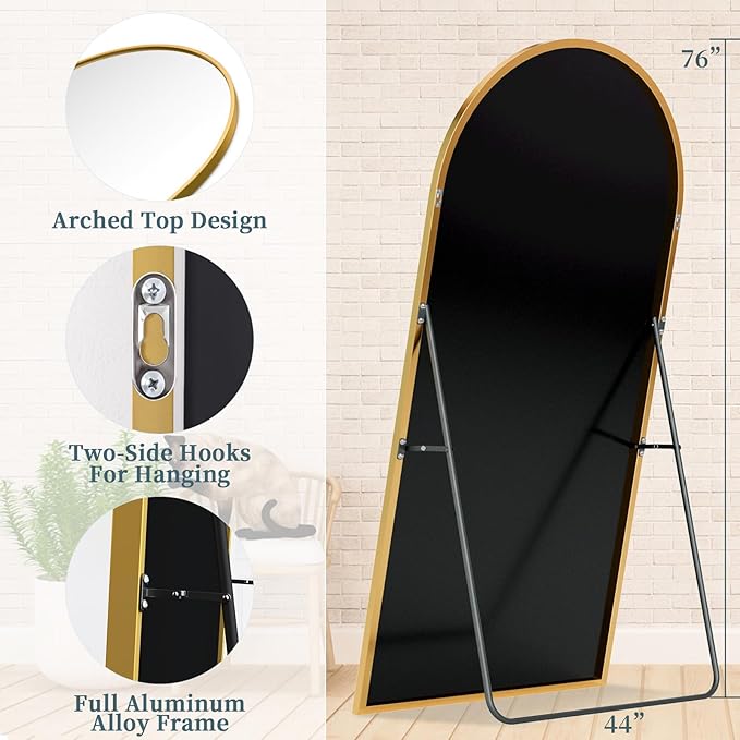 Full Length Mirror with Stand, 76"x44" Arched Full Body Mirror, Large Stand Up Mirrors, Aluminum Frame Floor Standing Mirrors, Freestanding Hanging Leaning Mounted for Bedroom Living Room, Gold