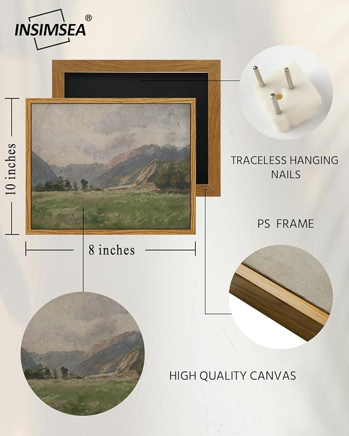 InSimSea Framed Canvas Wall Art Vintage Decor, Room Eclectic Decor, Prairie and Mountain Painting Wall Art Hoom Decor, Canvas Wall Art for Living Room Bedroom Home Office Bathroom Wall Decor, 8"x10"