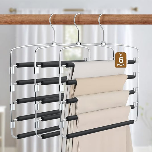 Pants Hangers, 6 Pack Anti-Slip Space Saving Hangers, 5 Layer Swing Arm Pants Hanger Stainless Steel with Non-Slip Padding, Closet Organizers & Storage for Pants Trousers Jeans Scarf