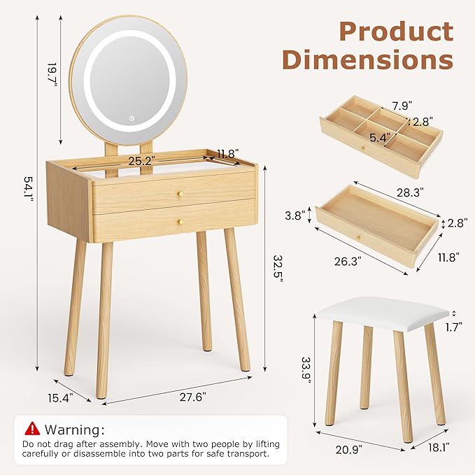 Small Vanity Desk with Mirror and Lights, Metal Handles with Cushioned Stool, 3 Lighting Modes Round Makeup Table with Glass Top, Compact Vanity for Small Spaces with 6-Grid Organizer, Natural Oak