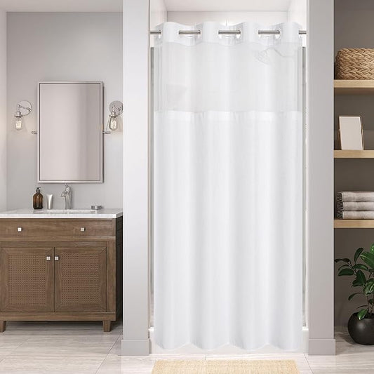 Stall No Hook Shower Curtain with Snap-in Fabric Liner Set,Waffle Weave Shower Curtains for Bathroom,Hotel Luxury Decor Bathroom Curtain Set,Waterproof & Washable,White,54Wx80H