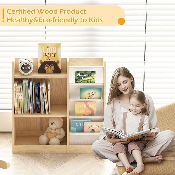 White 3 Tier Kids Bookshelf Toddler Book Rack for Book Toy Storage Organizer Children Bookcase 4 Sling Adjustable Book Display Shelf for Nursery Playroom Kids Baby Bedroom