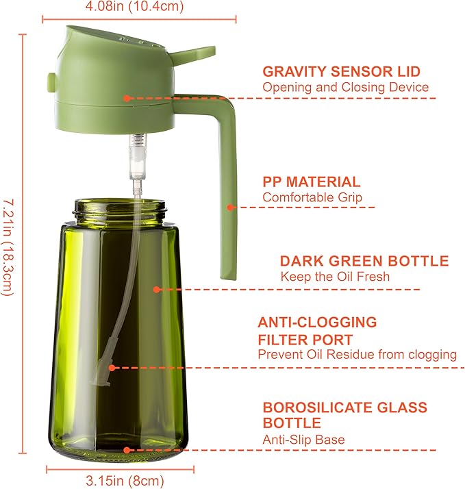 CXINYI - 16oz/470ml Olive Oil Dispenser for Kitchen with Stickers - 2 in 1 Olive Oil Sprayer for Cooking, Air Fryer, and Salad, Green (Light-Proof Kitchen Gadget)